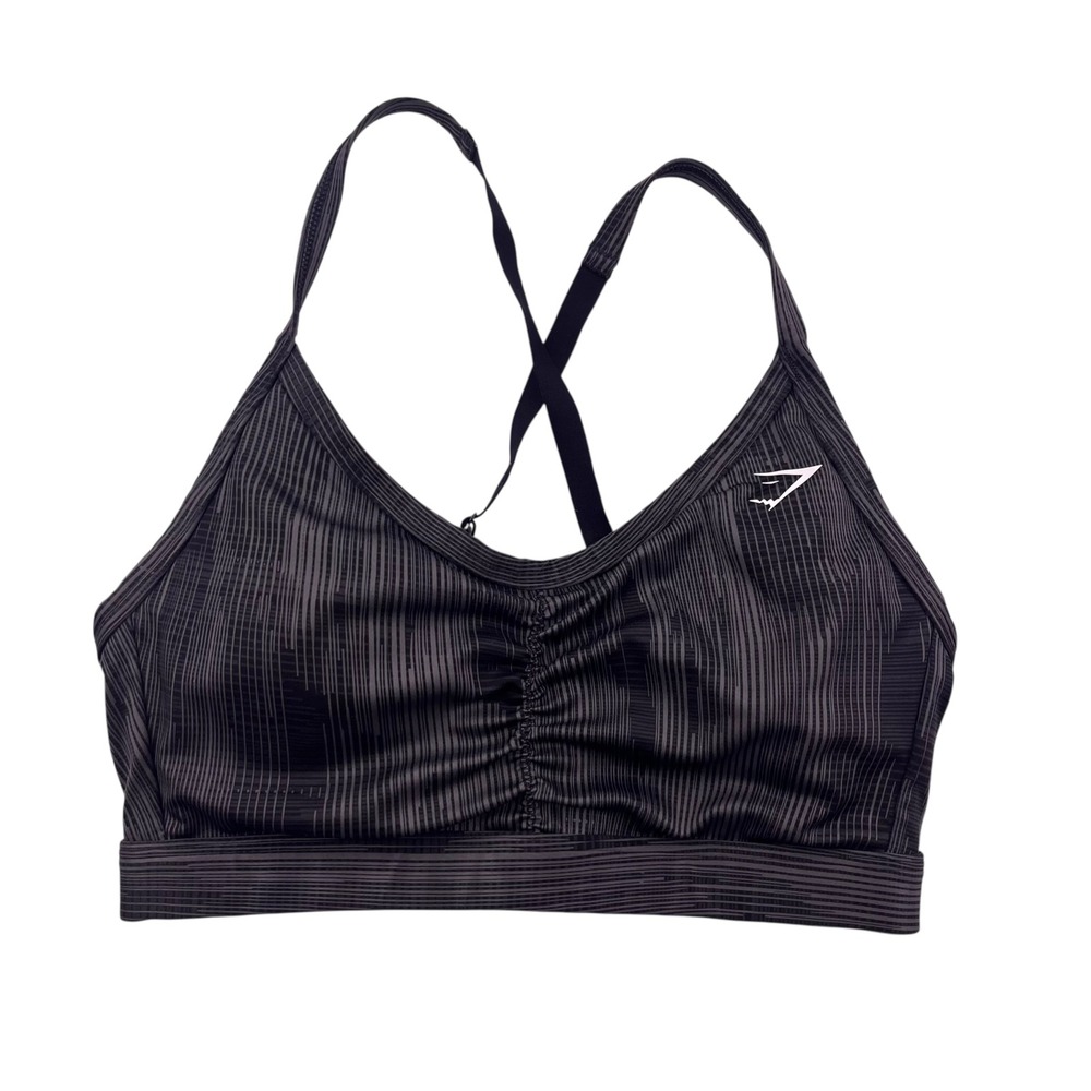 Gymshark Womens XS Gray Black Glitch Print Ruched V-Neck Sports Bra Cross Back